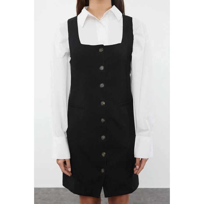 Women Fashion Stylish Mini Length Square Collar Regular Polyviscon Fabric Lined Woven Jacket Dress