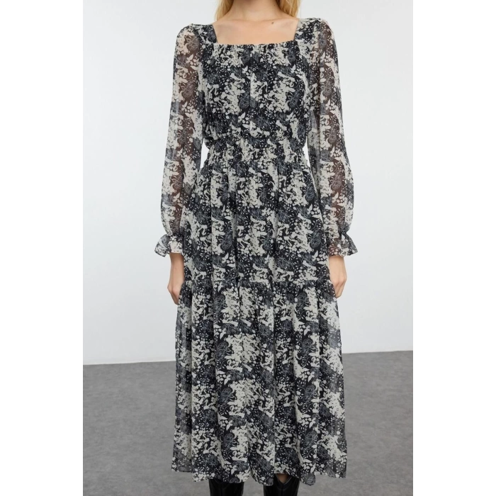 Women Fashion Maxi Length Square Neck Regular Floral Patterned Skater Waist Open Woven Chiffon Lined Dress