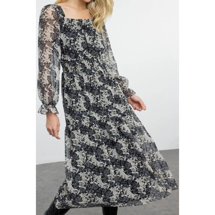 Women Fashion Maxi Length Square Neck Regular Floral Patterned Skater Waist Open Woven Chiffon Lined Dress