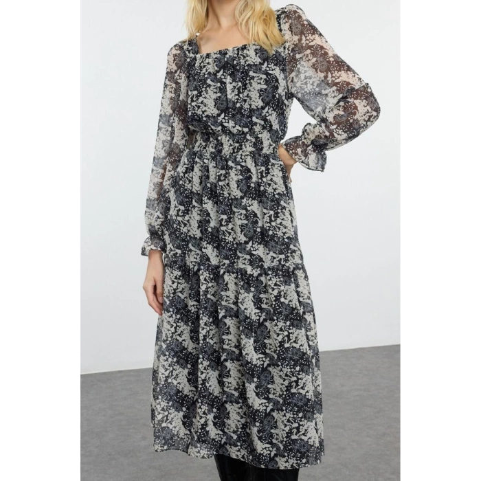 Women Fashion Maxi Length Square Neck Regular Floral Patterned Skater Waist Open Woven Chiffon Lined Dress
