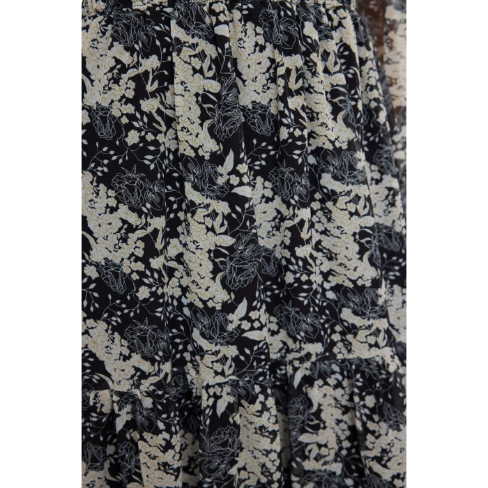 Women Fashion Maxi Length Square Neck Regular Floral Patterned Skater Waist Open Woven Chiffon Lined Dress