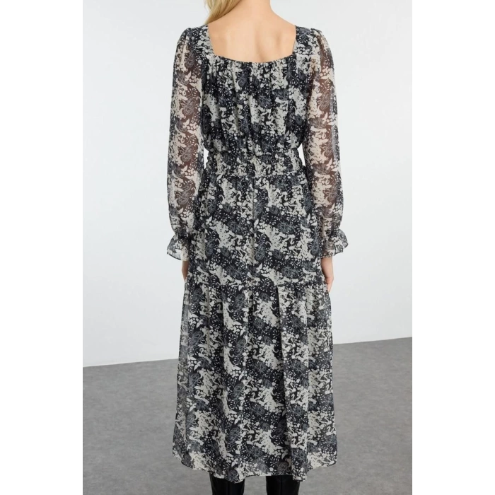 Women Fashion Maxi Length Square Neck Regular Floral Patterned Skater Waist Open Woven Chiffon Lined Dress