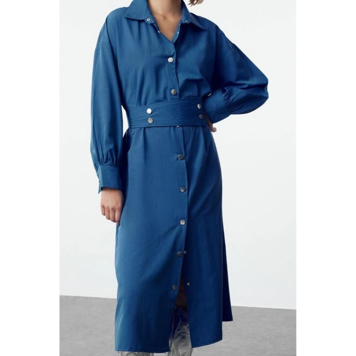 Womens Midi Length Shirt Collar Regular Belted Snap Detail Low Sleeve Wide Pattern Woven Shirt Dress