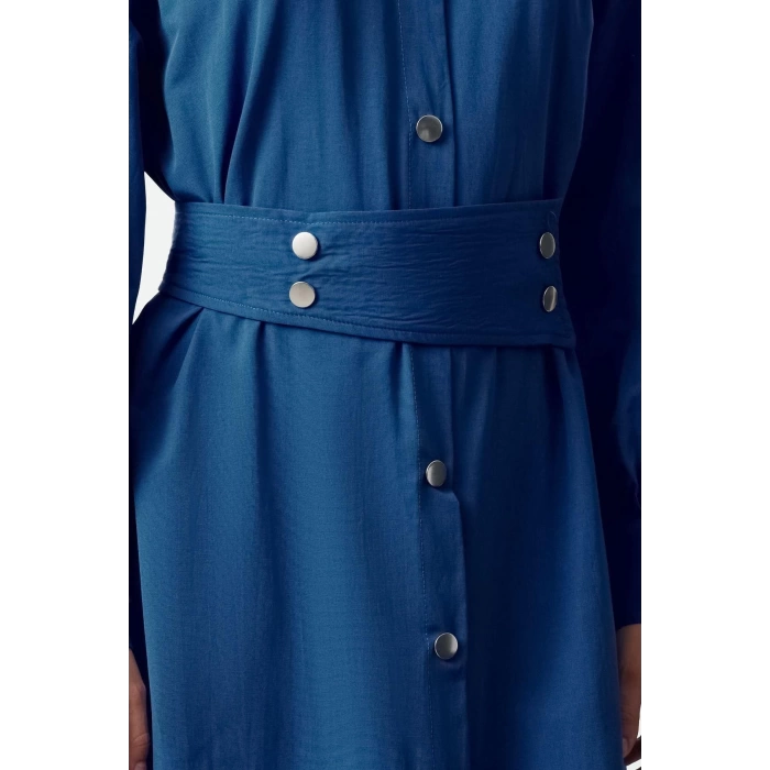Womens Midi Length Shirt Collar Regular Belted Snap Detail Low Sleeve Wide Pattern Woven Shirt Dress