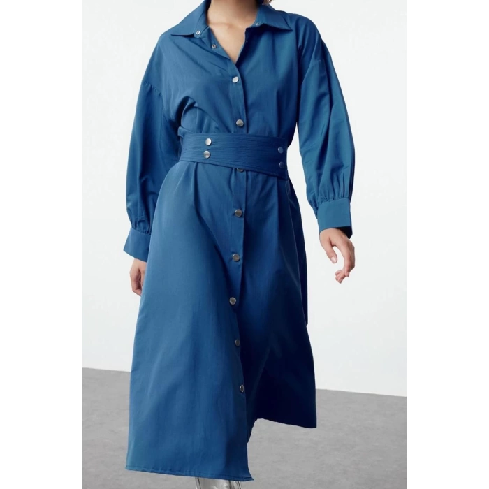 Womens Midi Length Shirt Collar Regular Belted Snap Detail Low Sleeve Wide Pattern Woven Shirt Dress