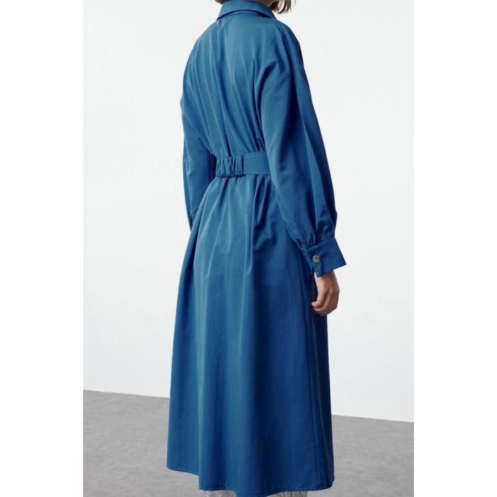 Womens Midi Length Shirt Collar Regular Belted Snap Detail Low Sleeve Wide Pattern Woven Shirt Dress