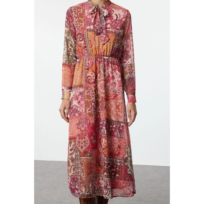Women Fashion Stylish Maxi Length Stand Collar Regular Ethnic Patterned Waist Open Chiffon Lined Woven Dress