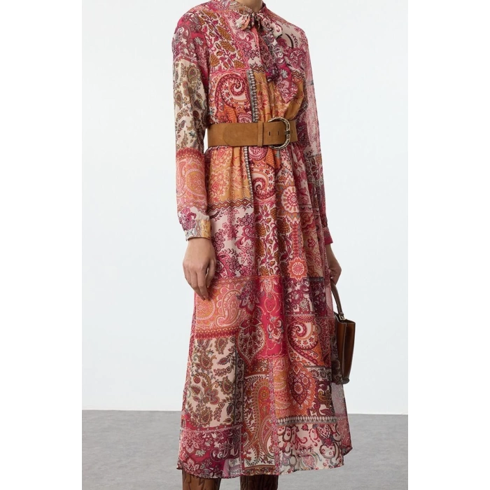 Women Fashion Stylish Maxi Length Stand Collar Regular Ethnic Patterned Waist Open Chiffon Lined Woven Dress