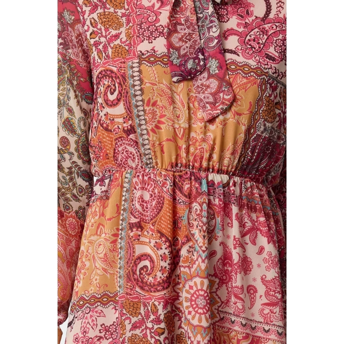 Women Fashion Stylish Maxi Length Stand Collar Regular Ethnic Patterned Waist Open Chiffon Lined Woven Dress