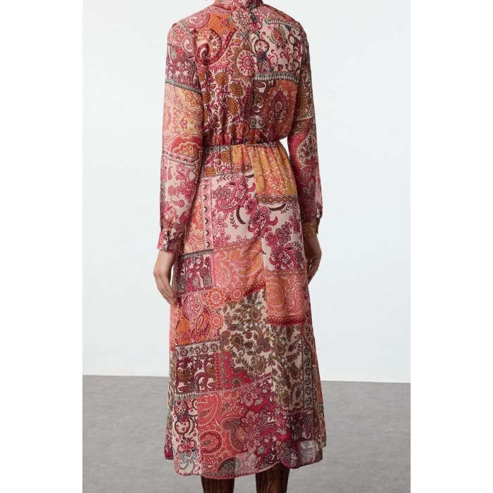 Women Fashion Stylish Maxi Length Stand Collar Regular Ethnic Patterned Waist Open Chiffon Lined Woven Dress