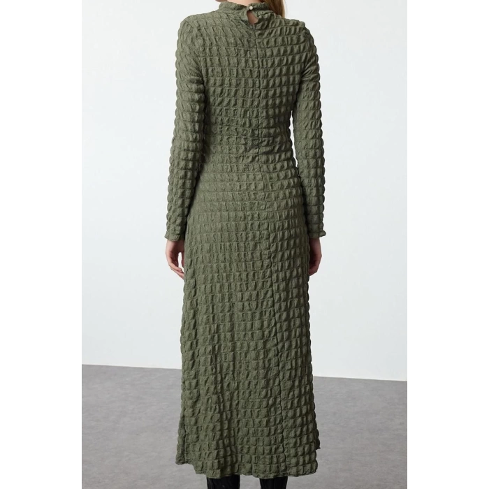 Women Fashion Stylish Maxi Length Crew Neck Regular Plain Textured A-Line Flexible Knitted Dress