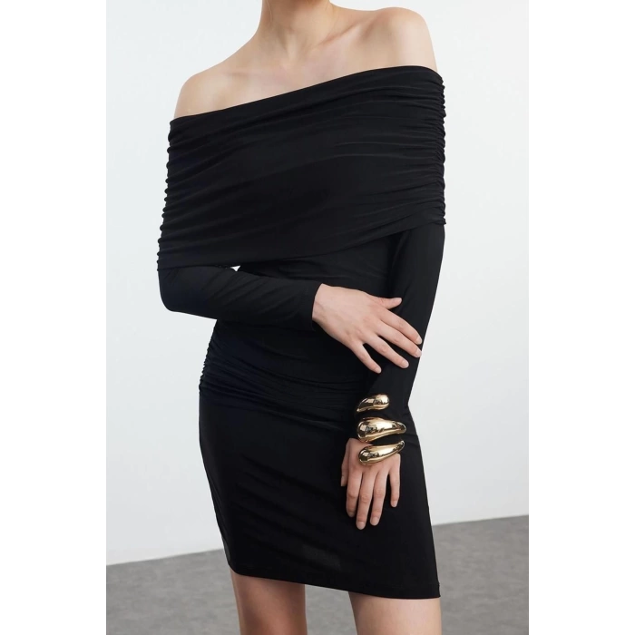 Women Fashion Stylish Mini Length Carmen Collar Slim Fitted Bodycon Long Sleeve Flexible Knitted Dress