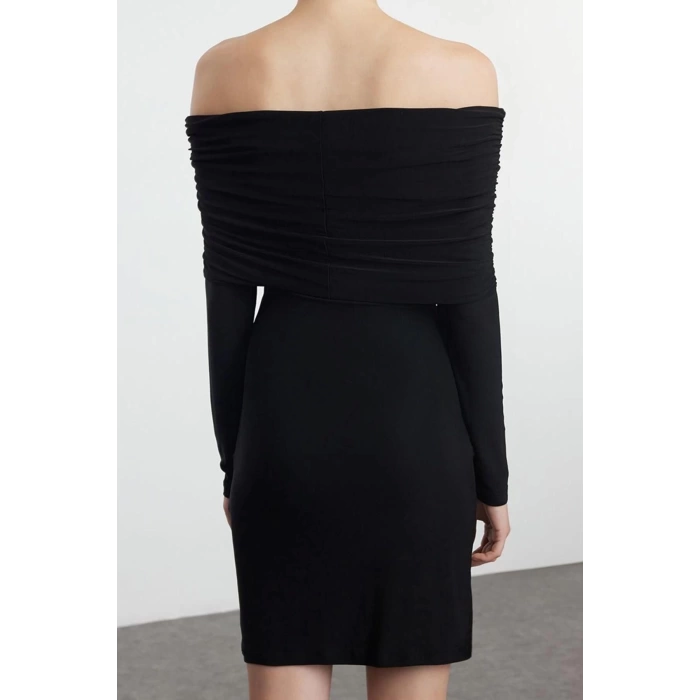 Women Fashion Stylish Mini Length Carmen Collar Slim Fitted Bodycon Long Sleeve Flexible Knitted Dress