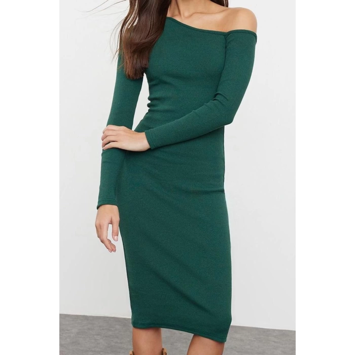 Women Fashion Stylish Midi Length Asymmetrical Collar Slim Fitted Bodycon Elastic Knitted Dress
