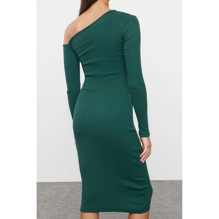 Women Fashion Stylish Midi Length Asymmetrical Collar Slim Fitted Bodycon Elastic Knitted Dress