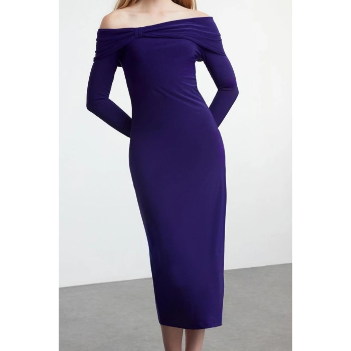 Women Fashion Stylish Midi Length Carmen Collar Slim Fitted Stretchy Knitted Dress