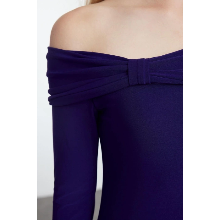 Women Fashion Stylish Midi Length Carmen Collar Slim Fitted Stretchy Knitted Dress