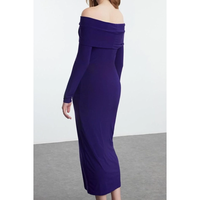 Women Fashion Stylish Midi Length Carmen Collar Slim Fitted Stretchy Knitted Dress