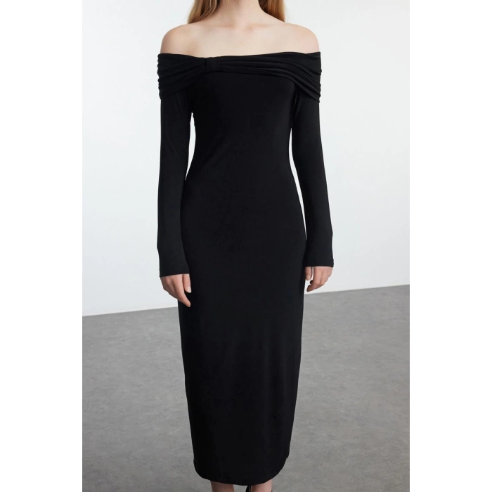 Women Fashion Stylish Midi Length Carmen Collar Slim Fitted Stretchy Knitted Dress