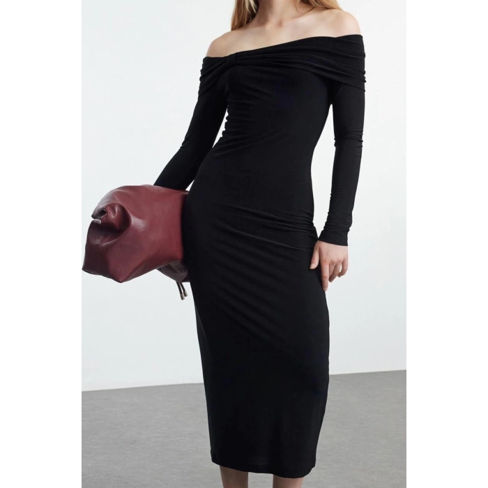 Women Fashion Stylish Midi Length Carmen Collar Slim Fitted Stretchy Knitted Dress