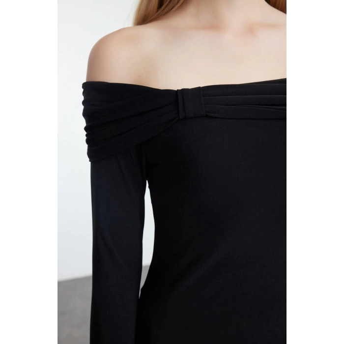 Women Fashion Stylish Midi Length Carmen Collar Slim Fitted Stretchy Knitted Dress