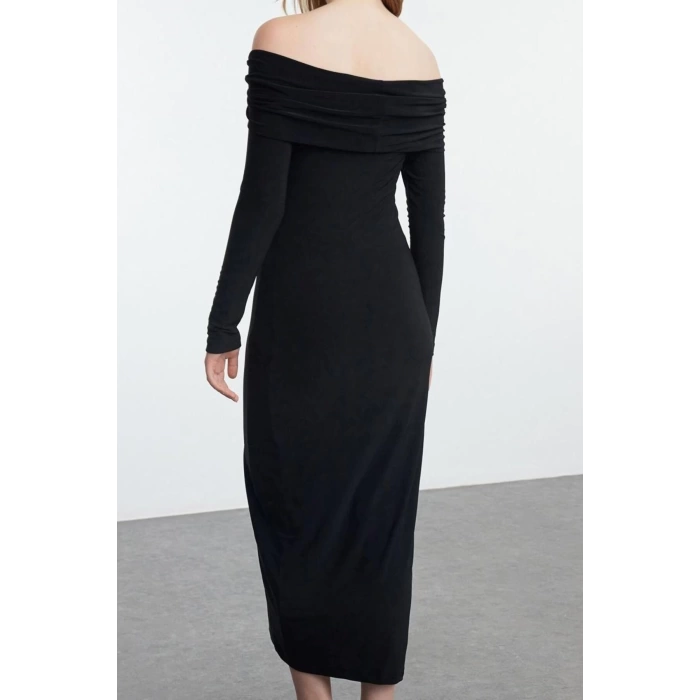 Women Fashion Stylish Midi Length Carmen Collar Slim Fitted Stretchy Knitted Dress