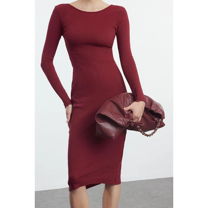 Kadın Moda Midi Boy Havuz Yaka Slim Sırt Dekolteli Fitted Vücuda Oturan Fitilli Esnek Örme Elbise
