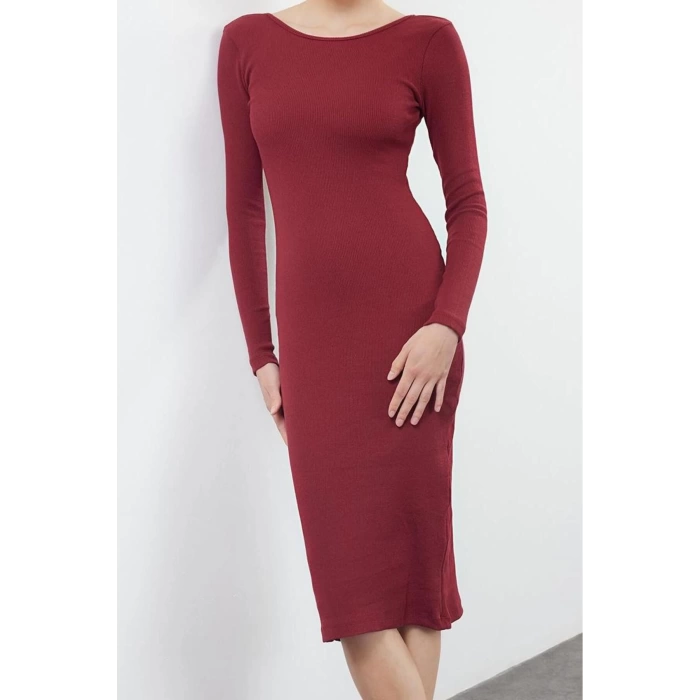 Kadın Moda Midi Boy Havuz Yaka Slim Sırt Dekolteli Fitted Vücuda Oturan Fitilli Esnek Örme Elbise