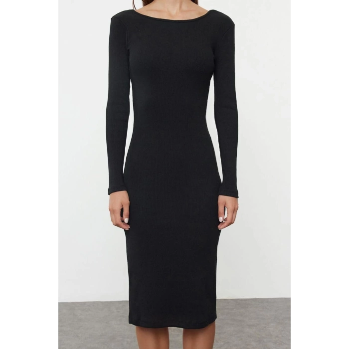 Kadın Moda Midi Boy Havuz Yaka Slim Sırt Dekolteli Fitted Vücuda Oturan Fitilli Esnek Örme Elbise