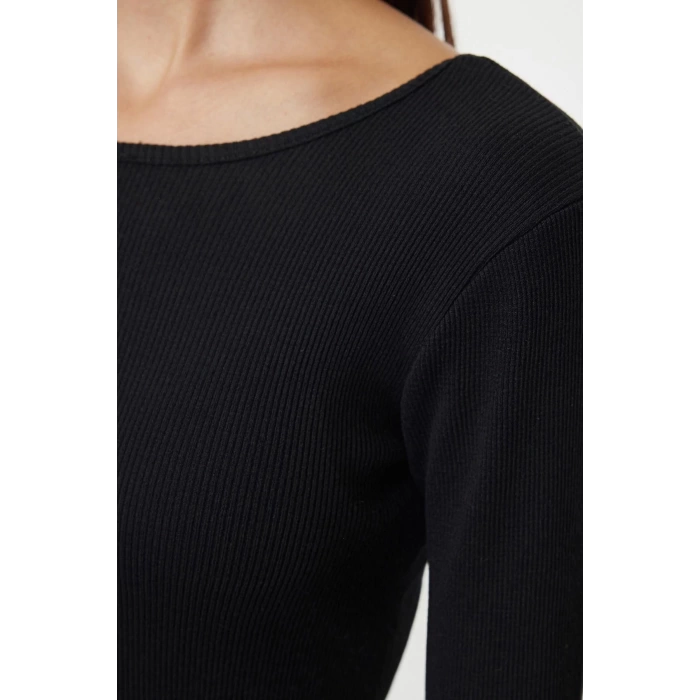 Kadın Moda Midi Boy Havuz Yaka Slim Sırt Dekolteli Fitted Vücuda Oturan Fitilli Esnek Örme Elbise