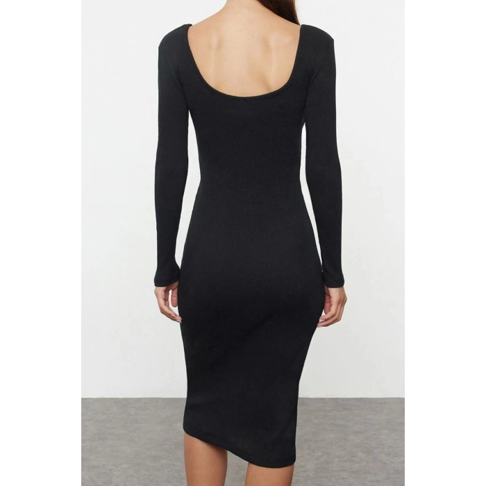 Kadın Moda Midi Boy Havuz Yaka Slim Sırt Dekolteli Fitted Vücuda Oturan Fitilli Esnek Örme Elbise