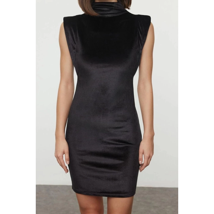 Women Fashion Stylish Mini Length Stand Collar Slim Plain Velvet Zero Sleeve Padded Bodycon Knitted Dress