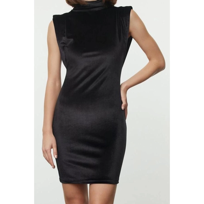 Women Fashion Stylish Mini Length Stand Collar Slim Plain Velvet Zero Sleeve Padded Bodycon Knitted Dress