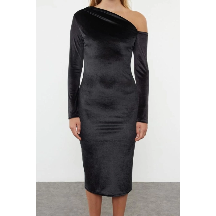 Women Fashion Stylish Midi Length Asymmetrical Collar Slim Plain One Shoulder Detail Draped Fitted Knitted Dress