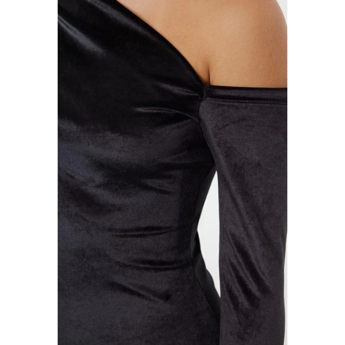 Women Fashion Stylish Midi Length Asymmetrical Collar Slim Plain One Shoulder Detail Draped Fitted Knitted Dress