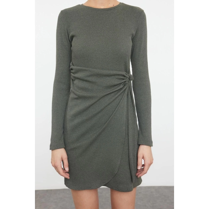 Women Fashion Stylish Mini Length Crew Neck Slim Fitted Bodycon Elastic Ribbed Knit Dress