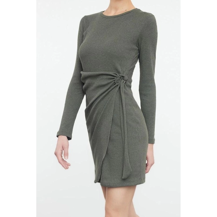 Women Fashion Stylish Mini Length Crew Neck Slim Fitted Bodycon Elastic Ribbed Knit Dress