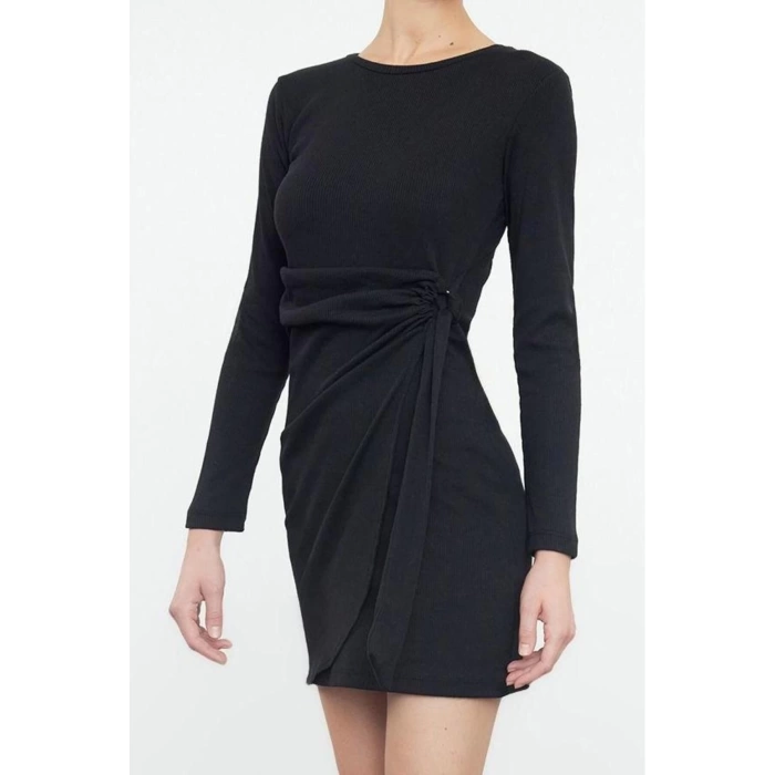 Women Fashion Stylish Mini Length Crew Neck Slim Fitted Bodycon Elastic Ribbed Knit Dress