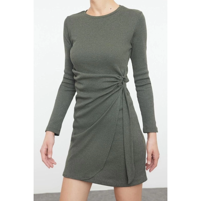 Women Fashion Stylish Mini Length Crew Neck Slim Fitted Bodycon Elastic Ribbed Knit Dress