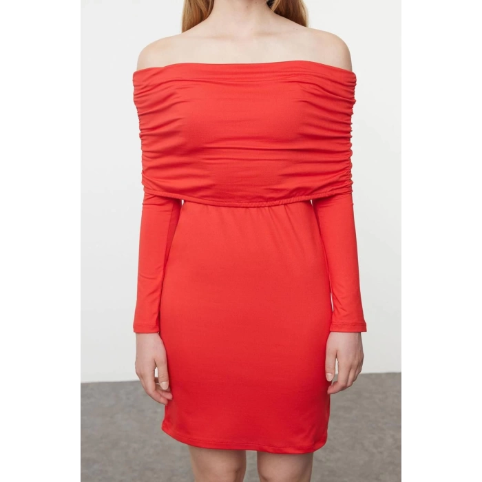 Womens Mini Length Carmen Collar Slim Soft Touch Soft Fabric Fitted Body-Smoothing Flexible Knit Dress