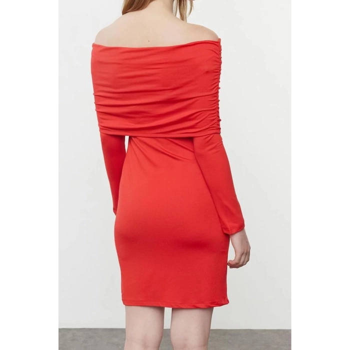 Womens Mini Length Carmen Collar Slim Soft Touch Soft Fabric Fitted Body-Smoothing Flexible Knit Dress