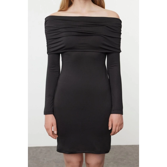 Womens Mini Length Carmen Collar Slim Soft Touch Soft Fabric Fitted Body-Smoothing Flexible Knit Dress