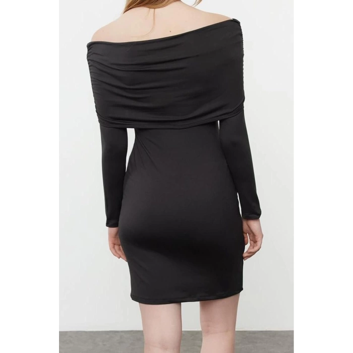 Womens Mini Length Carmen Collar Slim Soft Touch Soft Fabric Fitted Body-Smoothing Flexible Knit Dress