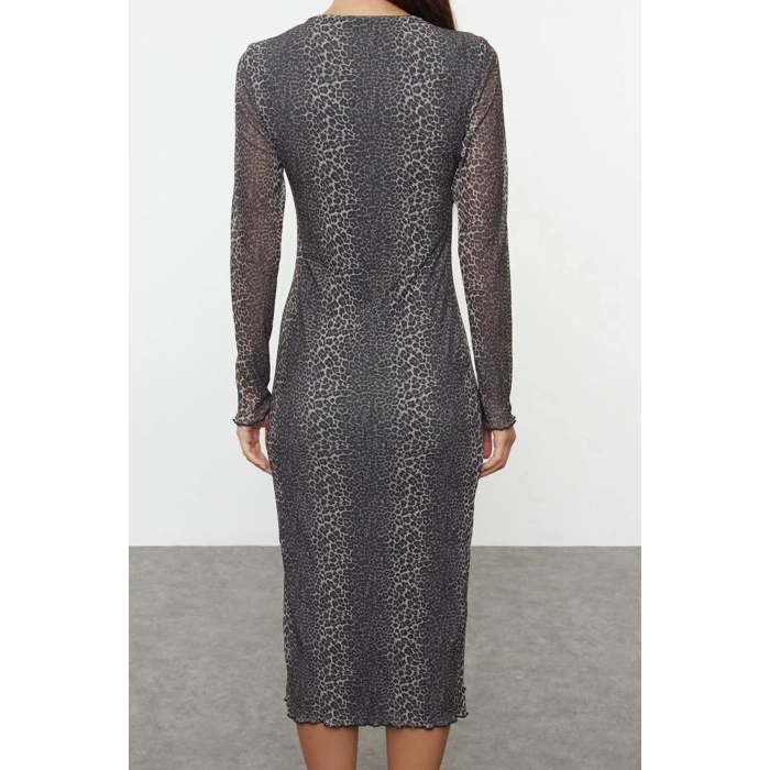 Womens Midi Length Crew Neck Slim Animal Printed Fitted Body-Smooth Foam Fabric Flexible Knit Dress