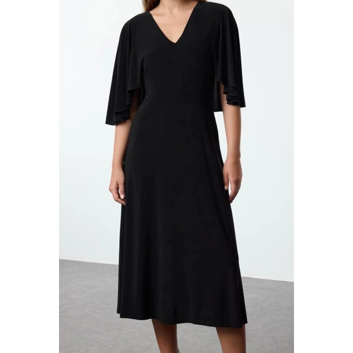 Women Fashion Stylish Maxi Length V Neck Regular Plain Cape Elastic Knitted Dress