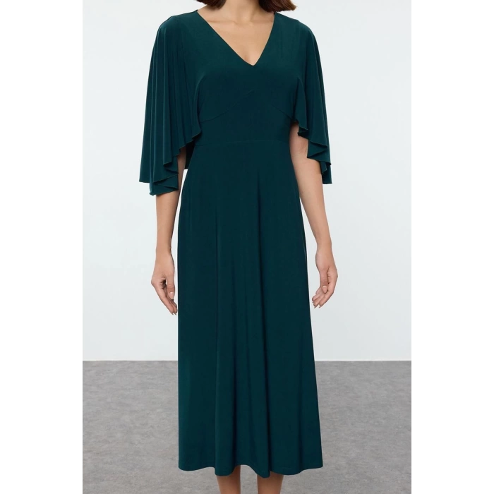 Women Fashion Stylish Maxi Length V Neck Regular Plain Cape Elastic Knitted Dress