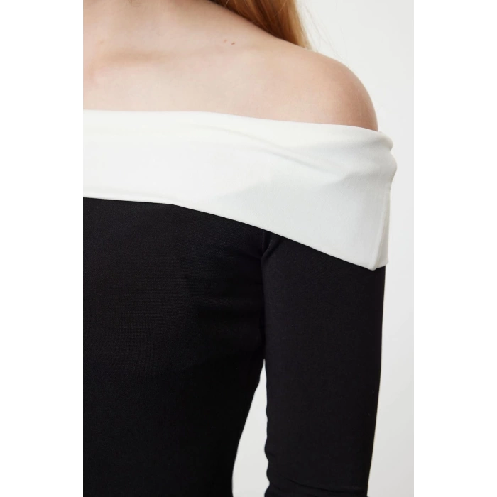 Women Fashion Stylish Maxi Length Carmen Collar Slim Color Block Fitted Body Stretchy Knit Dress