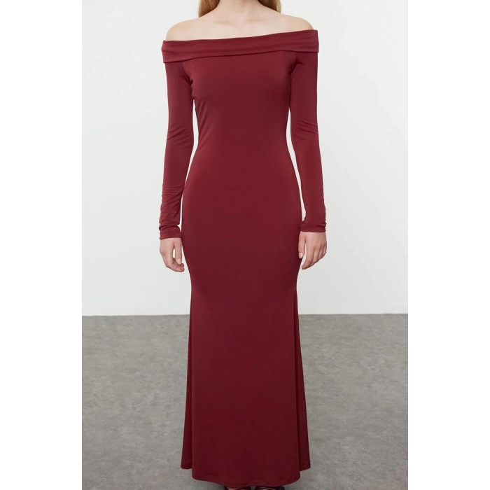 Women Fashion Stylish Maxi Length Carmen Collar Slim Color Block Fitted Body Stretchy Knit Dress