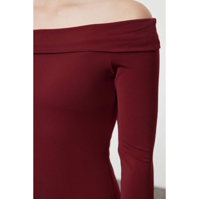 Women Fashion Stylish Maxi Length Carmen Collar Slim Color Block Fitted Body Stretchy Knit Dress