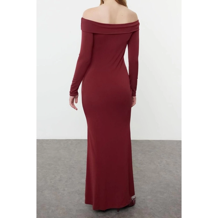 Women Fashion Stylish Maxi Length Carmen Collar Slim Color Block Fitted Body Stretchy Knit Dress